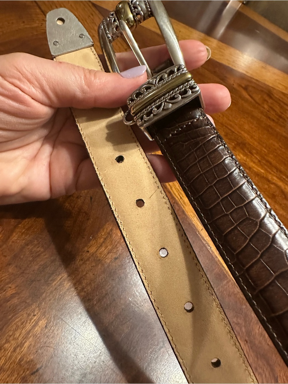 Brighton Brown Croc-Embossed Leather Belt with Decorative Silver-Gold Buckle - Picture 6 of 7